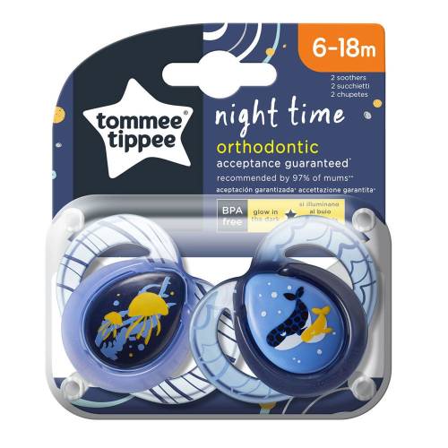 Set 2 suzete ortodontice Tommee Tippee Night Time Meduza Balene 6-18 luni