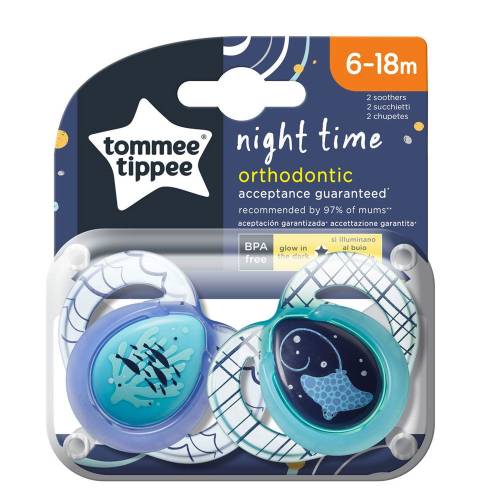 Set 2 suzete ortodontice Tommee Tippee Night Time Peste Pisica de mare 6-18 luni