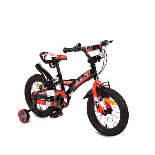 Bicicleta pentru baieti 14 inch Moni Rapid negru si rosu cu roti ajutatoare