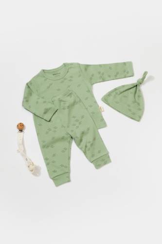 Set 3 piese:bluza - pantaloni si caciulita Printed - BabyCosy - 50% modal+50% bumbac - Verde