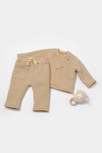 Set bluza dublata si pantaloni - Winter muselin - 100% bumbac - Apricot - BabyCosy