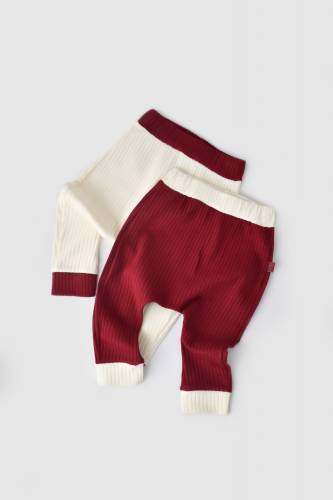 Set 2 pantaloni Ribana Bebe Unisex din bumbac organic si 5%elastan - Ecru/Bordo - BabyCosy